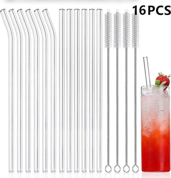 Choice 14Pcs/Set Reusable Glass Straws Clear Smooth Glass Drinking Straw 6 Straight And 6 Bent With 2 Cl... - Image 1