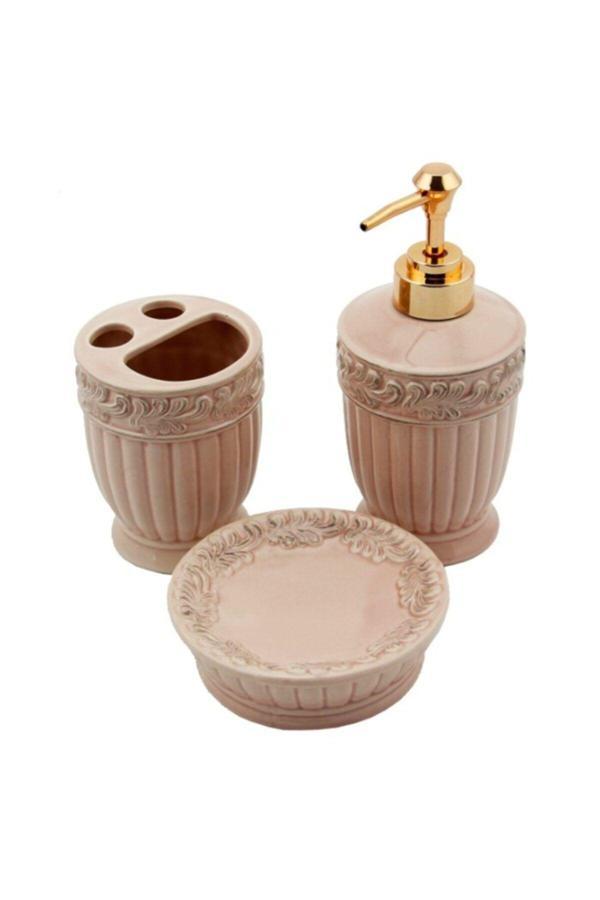 Miraç Seramik 3 Parça Seramik Banyo Seti Antik Pembe Pembe 3 Parça - Image 1