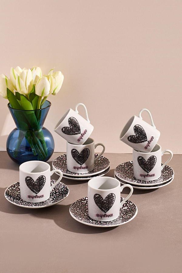 Ms Morry 6'Lı Porselen Kahve Fincanı Takımı-Kalpli #Girlboss - Image 1