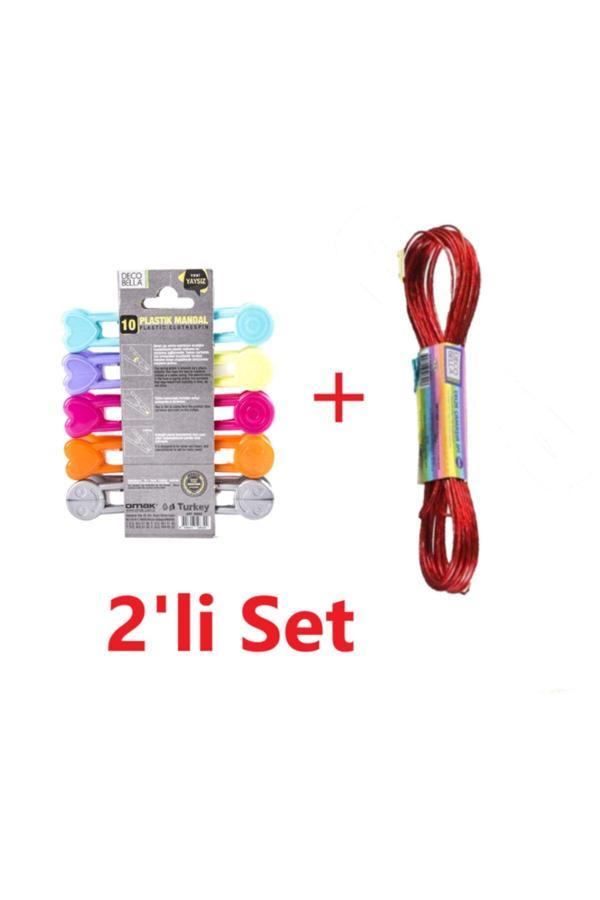 Decobella 10'Lu Yaysız Iz Yapmaz Mandal + 10 Metre Çelik Çamaşır Ipi, 2'Li Set, - Image 1