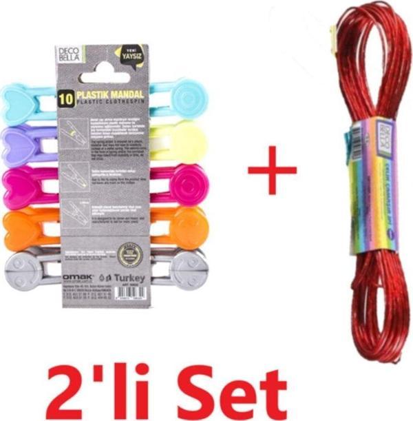 Decobella 10'Lu Yaysız Iz Yapmaz Mandal + 10 Metre Çelik Çamaşır Ipi, 2'Li Set, - Image 1