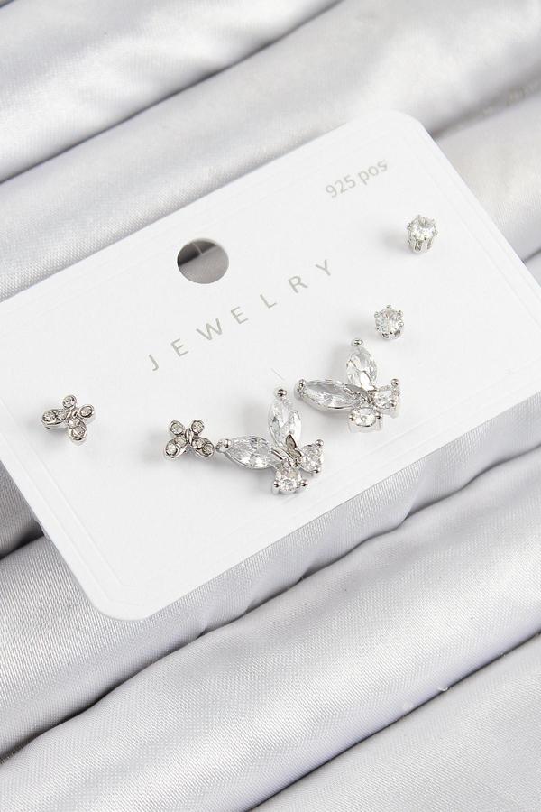 Pirinç Zirkon Taşlı Kelebek Model Gümüş Renk 925 Ayar Gümüş Çivi Kadın Küpe Set - EBJ250816W37379 - Image 1
