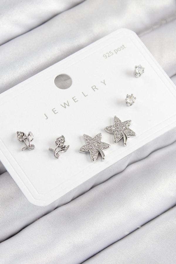 Pirinç Zirkon Taşlı Yıldız Ve Gül Model Gümüş Renk 925 Ayar Gümüş Çivi Kadın Küpe Set - EBJ250816W37393 - Image 1