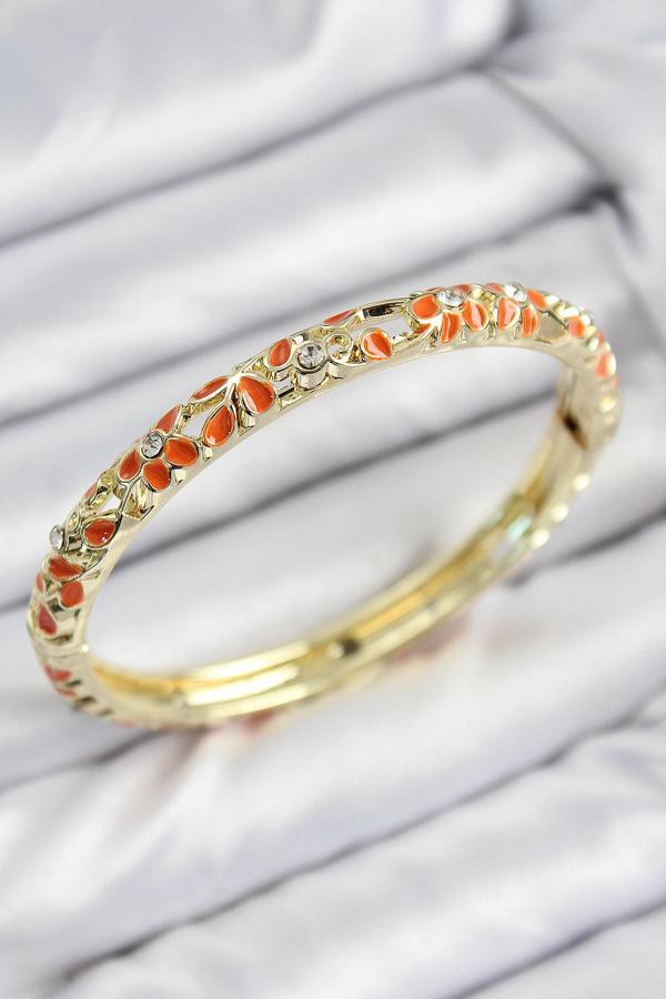 Mineli Pirinç Zirkon Taşlı Turuncu Çiçek Motifli Gold Kadın Kelepçe - EBJ250816W37469 - Image 1