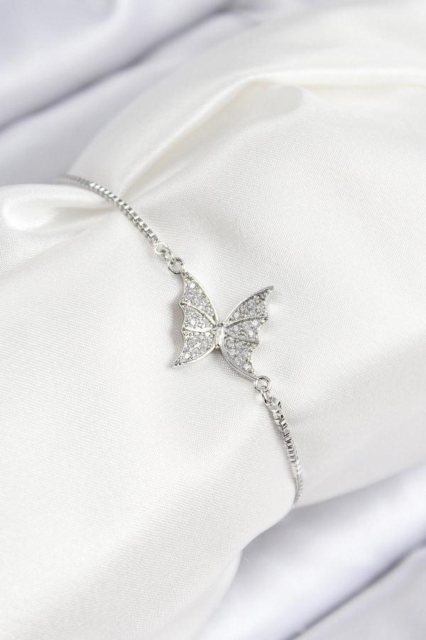 Pirinç Zirkon Taşlı Kelebek Model Gümüş Renk Asansörlü Kadın Bileklik - EBJ250816W37431 - Image 1