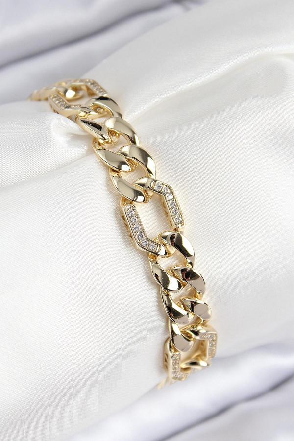 VIP Pirinç Zirkon Taşlı Parçalı Zincir Model Gold Renk Kadın Bileklik - EBJ250816W37513 - Image 1