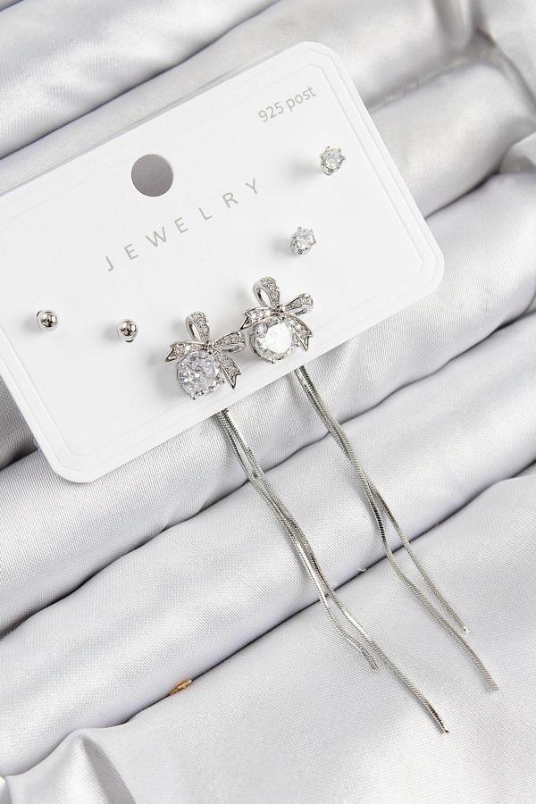 Pirinç Zirkon Taşlı Sallantılı Fiyonk Model Gümüş Renk 925 Ayar Gümüş Çivi Kadın Küpe Set - EBJ250816W37383 - Image 1