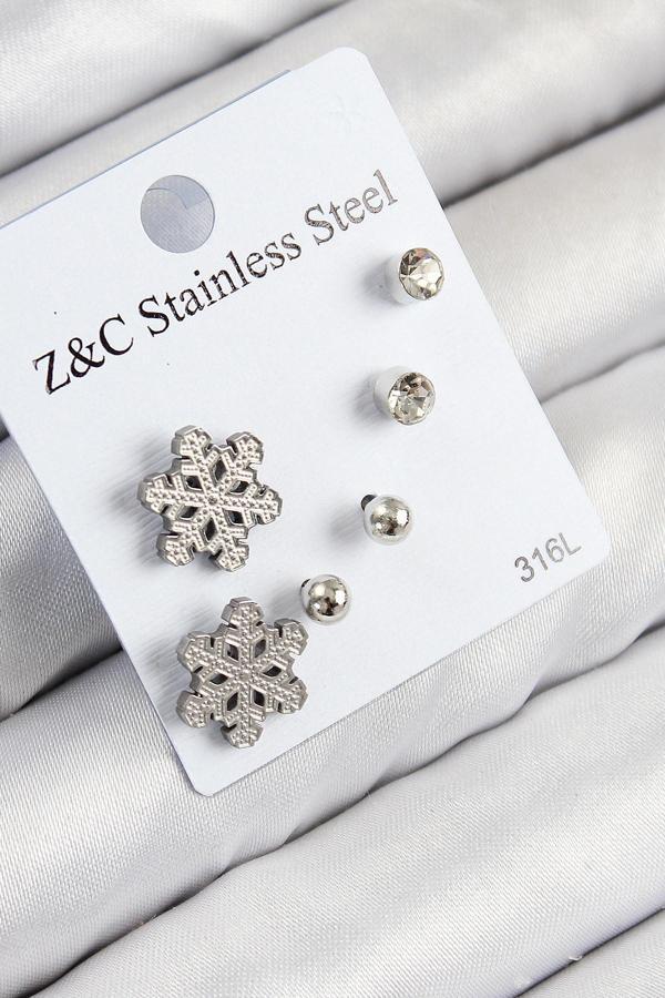 Zirkon Taşlı Kar Tanesi Model Gümüş Renk Kadın Set Küpe - EBJ250816W37309 - Image 1