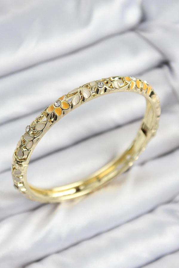 Mineli Pirinç Zirkon Taşlı Sarı Krem Çiçek Motifli Gold Kadın Kelepçe - EBJ250816W37466 - Image 1