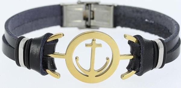 Gold Renk Deniz Çapası Figürlü Metal Aksesuarlı Siyah Renk Deri Erkek Bileklik - EBJ250816W37472 - Image 1