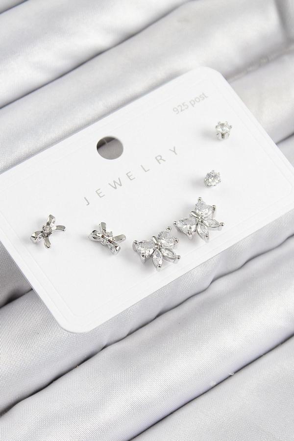 Pirinç Zirkon Taşlı Fiyonk Model Gümüş Renk 925 Ayar Gümüş Çivi Kadın Küpe Set - EBJ250816W37387 - Image 1