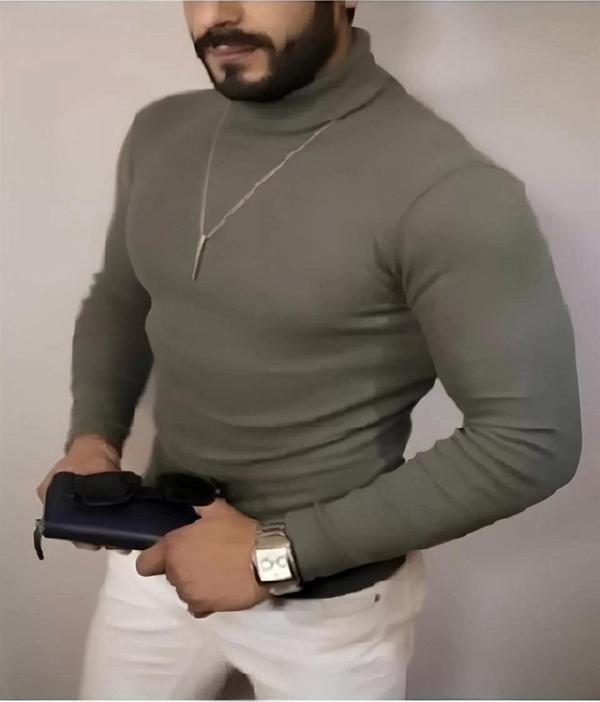 Erkek Kaşkorse Boğazlı Full Likralı Fitilli Body Kazak - Haki - Image 1