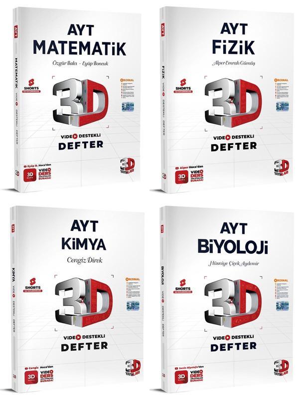 3D Yayınları 2024 Ayt Matematik + Fizik + Kimya + Biyoloji Video Destekli Defteri Seti 4 Kitap - 3D Yayınları - Image 1