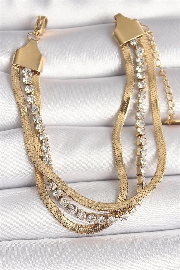 316L Çelik Gold Renk 2'Li İtalyan Zincir Model Zirkon Taşlı Kadın Bileklik - Image 1