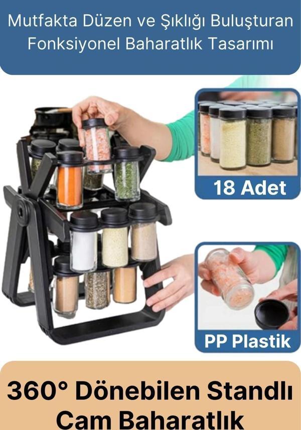 Özel Üretim Dayanıklı 360° Dönebilen Düzenleyici Standlı 18 Adet 100ml Cam Baharatlık 34x26x23 cm - Image 1