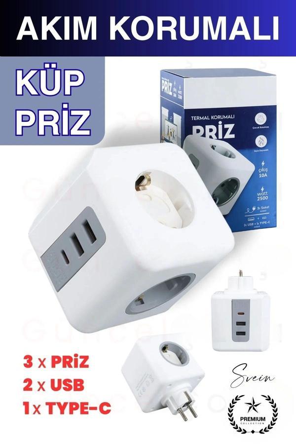 Premium 3'lü Duvar Çocuk ve Akım Korumalı Isıya Dayanıklı Çoklu Küp Priz Usb Type-C Girişli Topraklı - Image 1