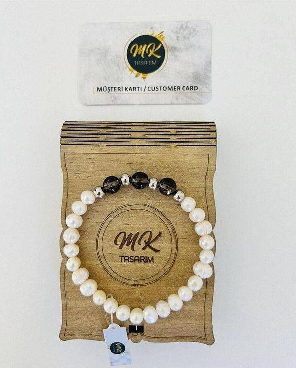 GERÇEK İNCİ DUMANLI KUVARS TAŞI BİLEKLİK MK.002.007 - Image 1