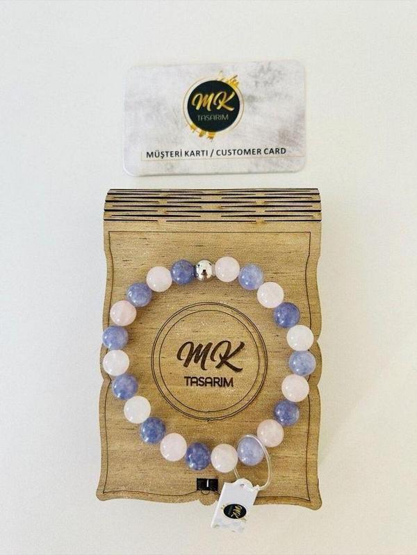 MK TASARIM GERÇEK PEMBE MOR KUVARS TAŞI BİLEKLİK MK.021.011 - Image 1