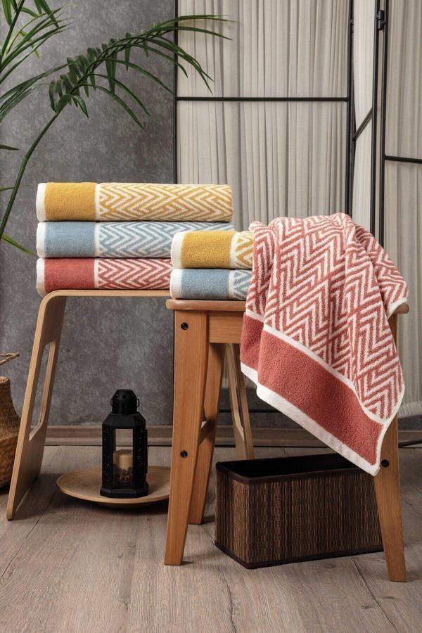 İpliği Boyalı El/Saç Havlusu - %100 Pamuk & Yumuşak & Çizgili Havlu - 45x90 cm - Terra (Kiremit) - Image 1