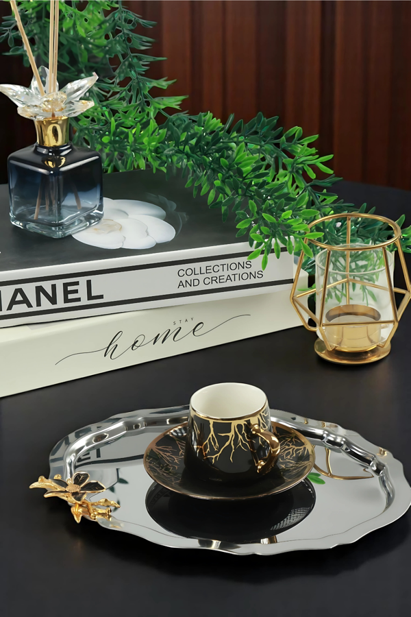 Lüx 3'lü Oval Mini Zambak Çiçek Figürlü Paslanmaz Çelik Kahve Sunum Tepsisi – Kararmayan Şıklık - Image 1