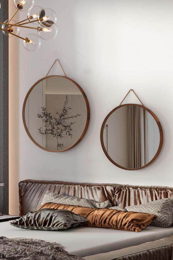 Mirora 2'li Yuvarlak Dekoratif Duvar Aynası | Boyalı Ahşap Çerçeveli | 60cm 48cm | Yerli Ceviz - Image 1