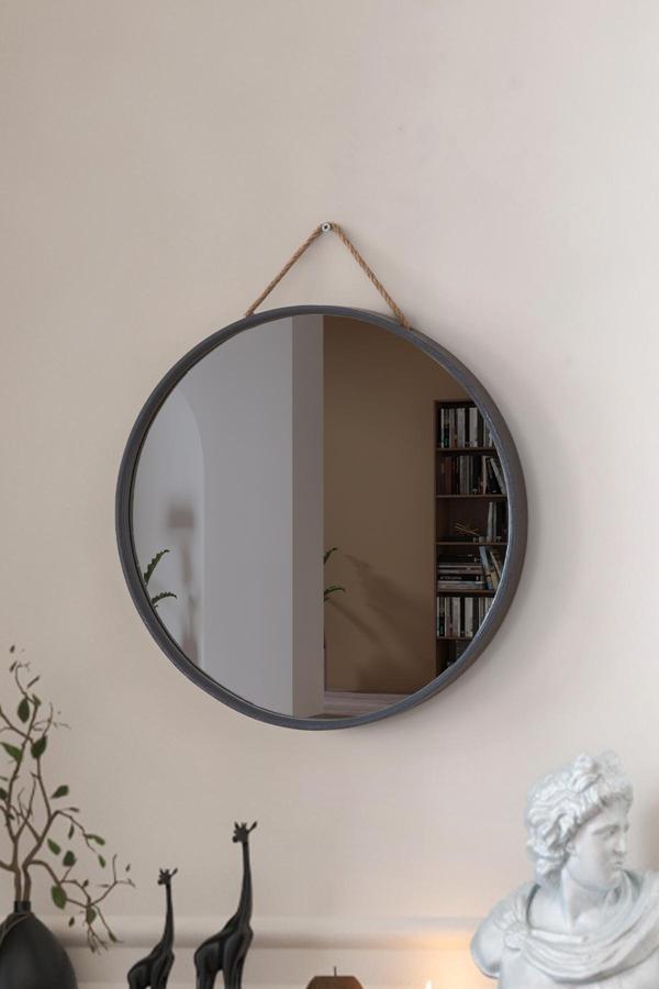 Mirora Yuvarlak Dekoratif Duvar Aynası | Boyalı Ahşap Çerçeveli | 48cm | Antrasit - Image 1