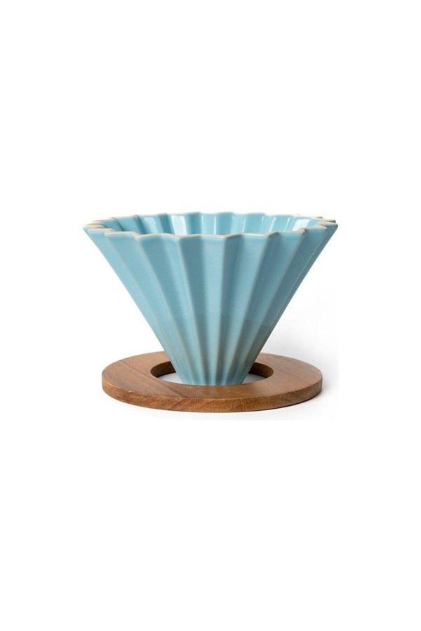 Vestron Turkuaz V60 02 Dripper Ahşap Standlı Origami Seramik Kahve Demleme Ekipmanı (Turquoise Blue Ceramic) - Image 1