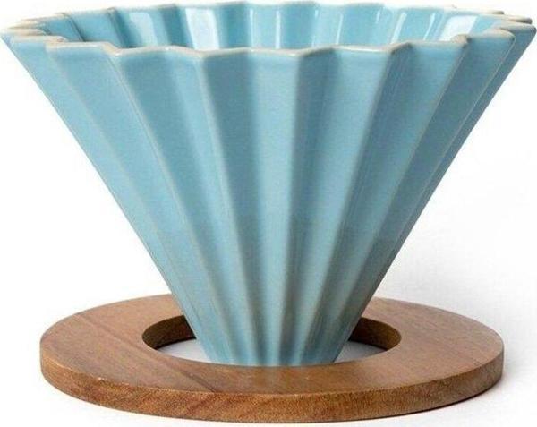 Vestron Turkuaz V60 02 Dripper Ahşap Standlı Origami Seramik Kahve Demleme Ekipmanı (Turquoise Blue Ceramic) - Image 1