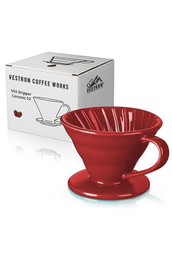 Vestron Kırmızı V60 02 Dripper Seramik Kahve Demleme Ekipmanı Filtre Kahve (Red Ceramic) - Image 1