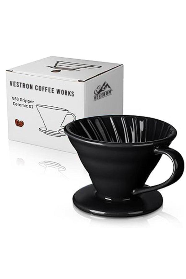 Vestron Siyah V60 02 Dripper Seramik Kahve Demleme Ekipmanı Filtre Kahve (Black Ceramic) - Image 1