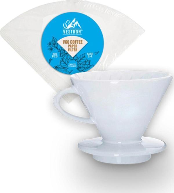 Vestron V60 Kahve Demleme Tanışma Seti Beyaz Seramik Demleme Aparatı Ve Filtre Kağıdı 100 Adet Sv1009 - Image 1