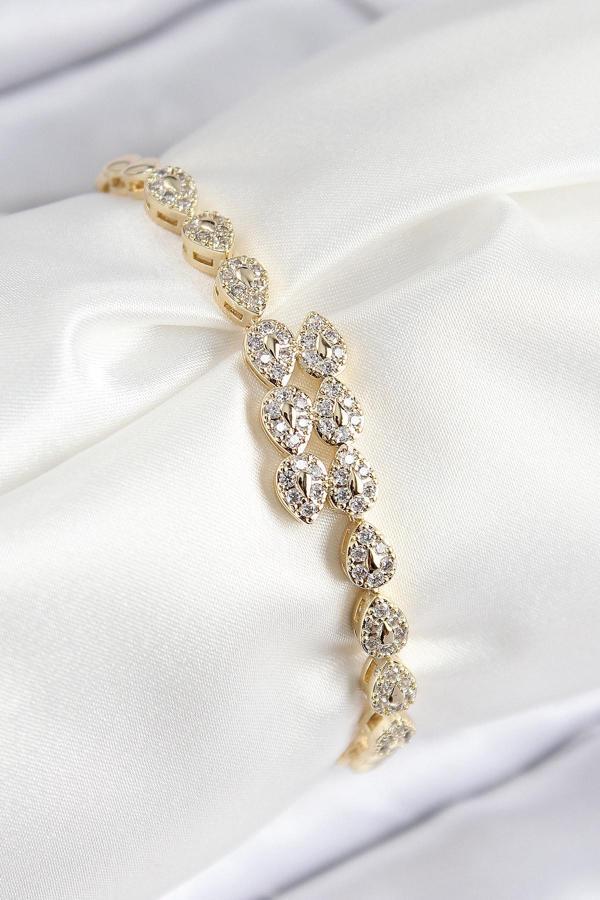 VIP Pirinç Zirkon Taşlı Sıralı Damla Model Gold Renk Kadın Bileklik - Image 1