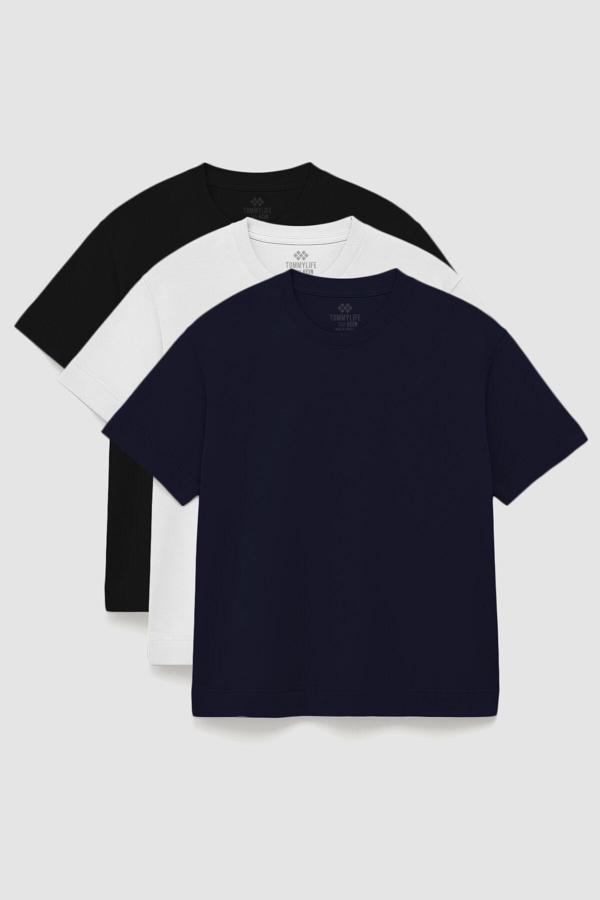 Basic O Yaka Büyük Beden  3lü Paket Siyah-Beyaz-Lacivert  Erkek T-Shirt  88072 - Image 1