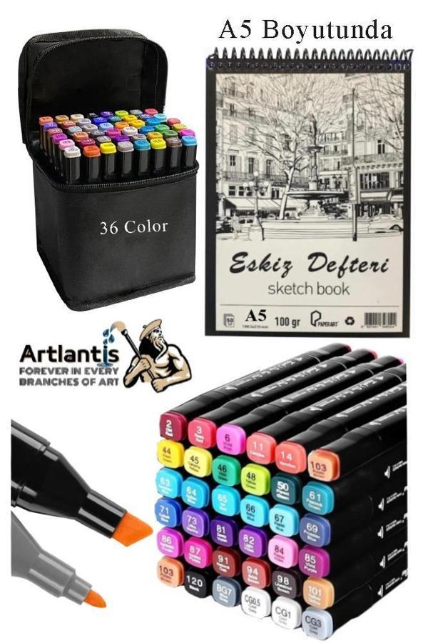 Eskiz Defteri A5 50 Yaprak 100 gr 1 Adet 36 Renk Çift Taraflı Marker Kalem 36 Adet Touch Çift Uçlu - Image 1