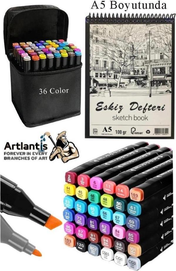 Eskiz Defteri A5 50 Yaprak 100 gr 1 Adet 36 Renk Çift Taraflı Marker Kalem 36 Adet Touch Çift Uçlu - Image 1