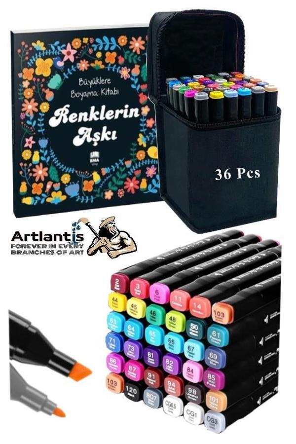 36 Adet Çift Taraflı Marker Kalem Çantalı 1 Paket 36 Renk Touch Markör Renklerin Aşkı Mandala Büyüklere Boyama Kitabı - Image 1