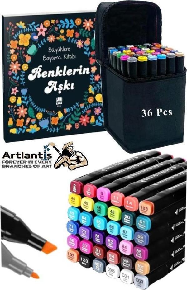 36 Adet Çift Taraflı Marker Kalem Çantalı 1 Paket 36 Renk Touch Markör Renklerin Aşkı Mandala Büyüklere Boyama Kitabı - Image 1
