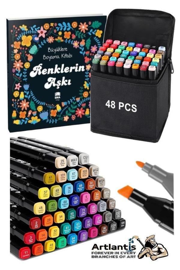 48 Adet Çift Taraflı Marker Kalem Çantalı 1 Paket 48 Renk Touch Markör Renklerin Aşkı Mandala Büyüklere Boyama Kitabı - Image 1