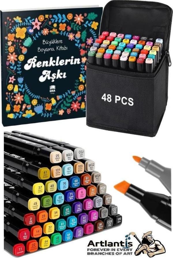 48 Adet Çift Taraflı Marker Kalem Çantalı 1 Paket 48 Renk Touch Markör Renklerin Aşkı Mandala Büyüklere Boyama Kitabı - Image 1