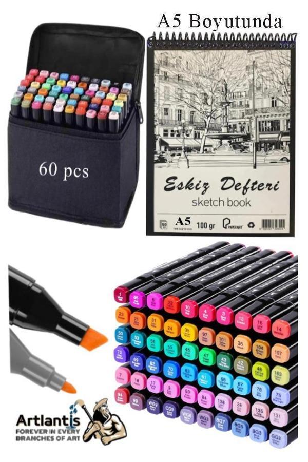 Eskiz Defteri A5 50 Yaprak 100 gr 1 Adet 60 Renk Çift Taraflı Marker Kalem 60 Adet Touch Çift Uçlu - Image 1