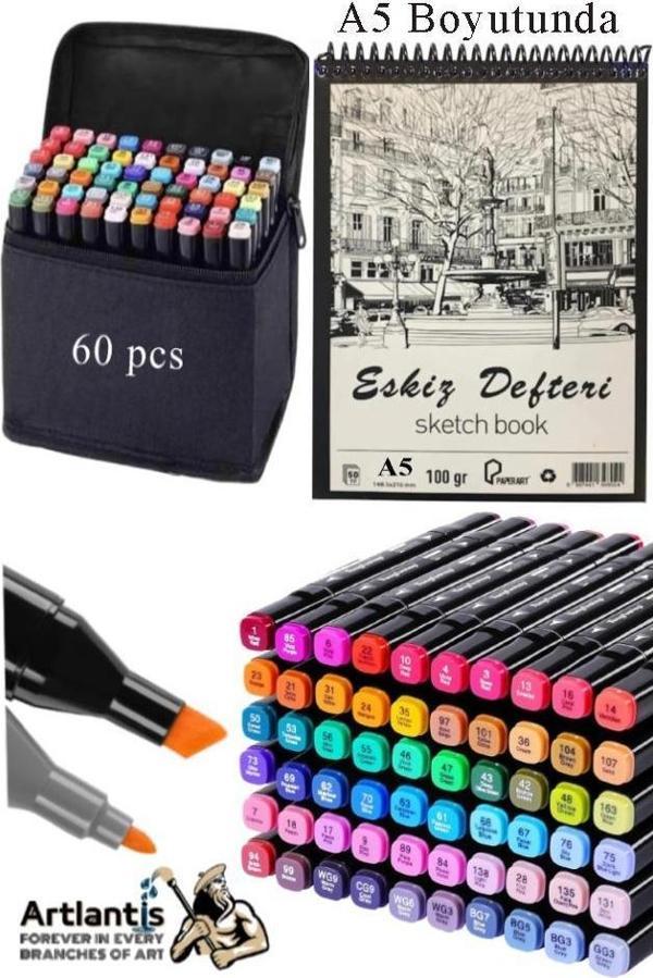 Eskiz Defteri A5 50 Yaprak 100 gr 1 Adet 60 Renk Çift Taraflı Marker Kalem 60 Adet Touch Çift Uçlu - Image 1
