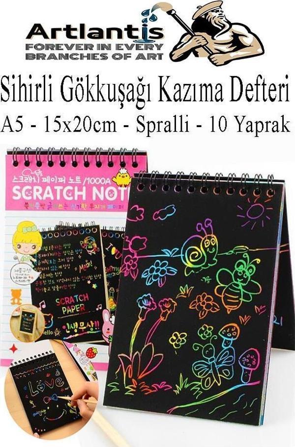 Sihirli Gökkuşağı Kazıma Defteri A5 15x20 cm 1 Paket 10 Sayfa Scratch Note Spralli Siyah Sihirli Resim Defteri - Image 1