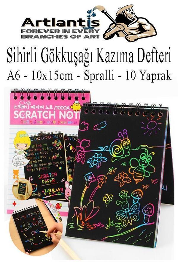 Sihirli Gökkuşağı Kazıma Defteri A6 10x15 cm 1 Paket 10 Sayfa Scratch Note Spralli Siyah Sihirli Resim Defteri - Image 1