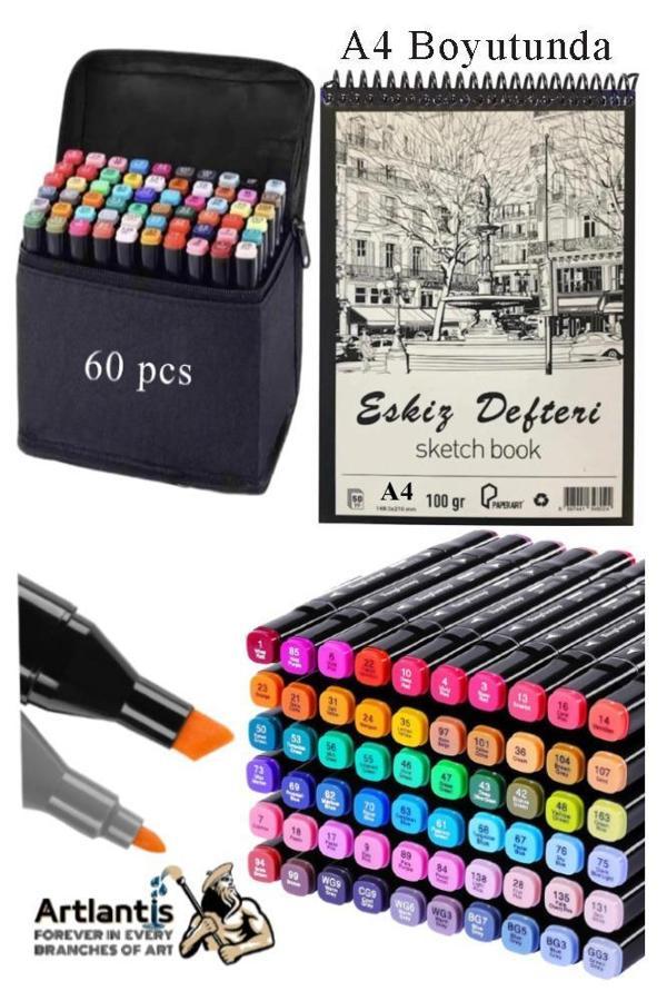 Eskiz Defteri A4 50 Yaprak 100 gr 1 Adet 60 Renk Çift Taraflı Marker Kalem 60 Adet Touch Çift Uçlu - Image 1