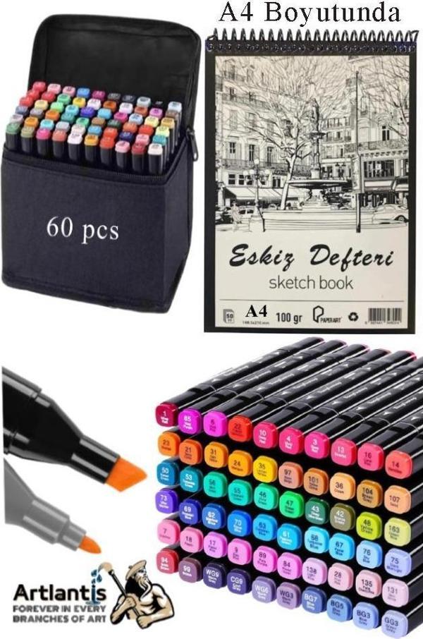 Eskiz Defteri A4 50 Yaprak 100 gr 1 Adet 60 Renk Çift Taraflı Marker Kalem 60 Adet Touch Çift Uçlu - Image 1