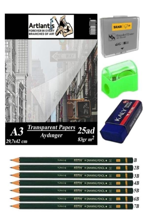 Aydınger Kağıdı A3 83 gr 25'li 1 Paket Eskiz Kağıdı Fatih Dereceli Kalem Hamur Silgi Sınav Silgisi Kalemtraş - Image 1