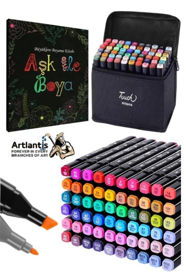 60 Adet Çift Taraflı Marker Kalem Çantalı 1 Paket 60 Renk Touch Markör Aşk İle Boya Mandala Büyüklere Boyama Kitabı - Image 1
