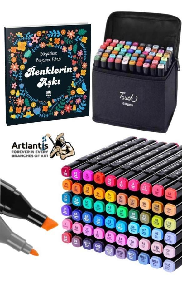 60 Adet Çift Taraflı Marker Kalem Çantalı 1 Paket 60 Renk Touch Markör Renklerin Aşkı Mandala Büyüklere Boyama Kitabı - Image 1