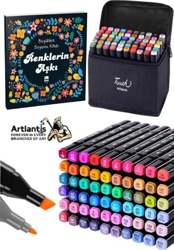 60 Adet Çift Taraflı Marker Kalem Çantalı 1 Paket 60 Renk Touch Markör Renklerin Aşkı Mandala Büyüklere Boyama Kitabı - Image 1