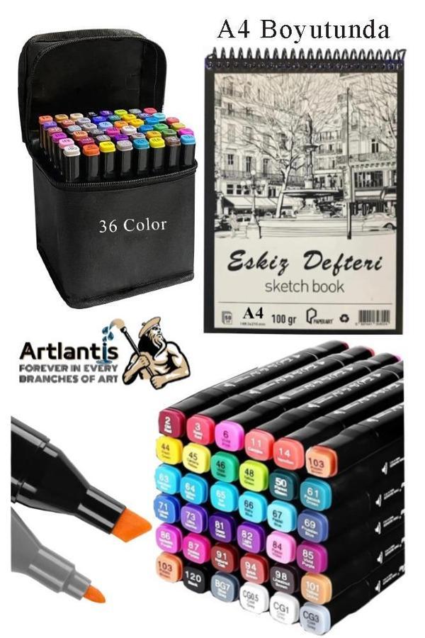 Eskiz Defteri A4 50 Yaprak 100 gr 1 Adet 36 Renk Çift Taraflı Marker Kalem 36 Adet Touch Çift Uçlu - Image 1